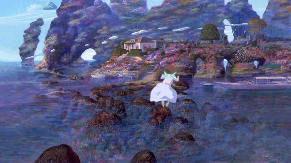 Anime picture 1920x1080 with iblard jikan highres wide image landscape screenshot girl wings water watercraft boat
