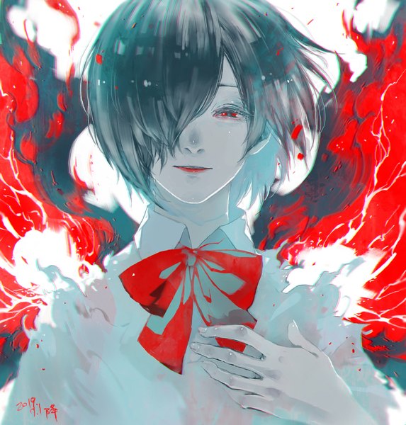 Anime picture 1072x1123 with tokyo ghoul studio pierrot kirishima touka yongkang single tall image looking at viewer fringe short hair black hair red eyes hair over one eye lipstick hand on chest dated portrait red lipstick girl uniform school uniform