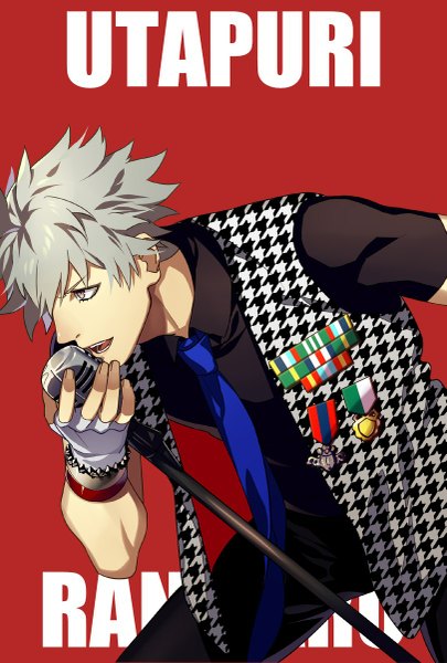 Anime picture 811x1200 with uta no prince-sama a-1 pictures kurosaki ranmaru tagme (artist) single tall image short hair open mouth simple background holding looking away fingernails grey hair teeth grey eyes leaning leaning forward copyright name character names red background