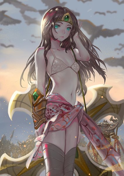 Anime picture 707x1000 with league of legends sivir (league of legends) azir (league of legends) canking long hair tall image looking at viewer light erotic brown hair standing multiple girls sky from behind from below girl navel 2 girls animal armor bird (birds)