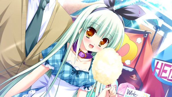 Anime picture 1280x720 with diamic days lump of sugar himenogawa kotora sesena yau long hair open mouth wide image game cg green hair loli orange eyes girl dress