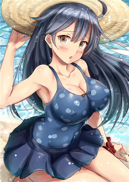 Anime picture 627x885 with kantai collection ushio destroyer ichikawa feesu single long hair tall image looking at viewer blush fringe breasts light erotic black hair large breasts brown eyes :o beach girl swimsuit hat water