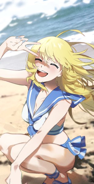 Anime picture 2444x4777 with idolmaster idolmaster million live! hoshii miki katsu (kana) single long hair tall image fringe highres breasts open mouth light erotic blonde hair smile hair between eyes large breasts cleavage ahoge outdoors eyes closed