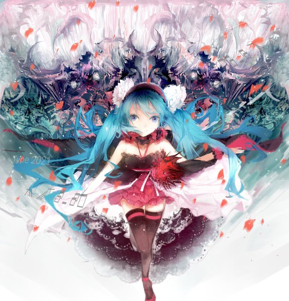 Anime picture 1692x1765 with vocaloid hatsune miku sa'yuki single long hair tall image looking at viewer fringe blue eyes smile twintails bare shoulders blue hair bent knee (knees) from above standing on one leg girl thighhighs dress black thighhighs