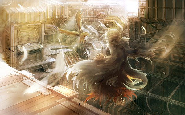 Anime picture 1920x1199 with original kentarou highres short hair blonde hair wide image from behind city light flying animal bird (birds) building (buildings) feather (feathers) coat monster claws