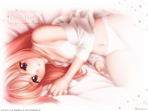 Anime picture 1400x1050 with love hina narusegawa naru single long hair looking at viewer fringe breasts light erotic brown eyes red hair lying open clothes open shirt on side girl navel underwear panties shirt