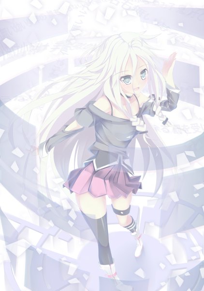 Anime picture 2079x2953 with vocaloid ia (vocaloid) lao meng single long hair tall image blush fringe highres open mouth bare shoulders white hair braid (braids) pleated skirt from above grey eyes twin braids happy girl thighhighs