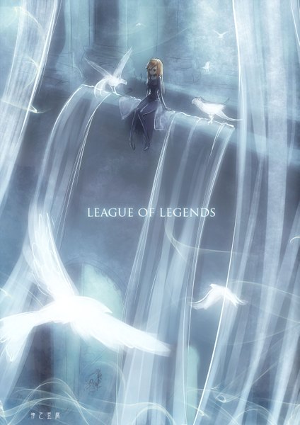 Anime picture 1061x1500 with league of legends lux (league of legends) beanbean1988 single long hair tall image fringe breasts blonde hair sitting looking away black eyes inscription midriff girl animal hairband bird (birds) people tower
