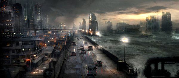 Anime picture 1280x564 with original atomhawk wide image cloud (clouds) sunlight city rain cityscape city lights ruins post-apocalyptic storm water sea ground vehicle car new york