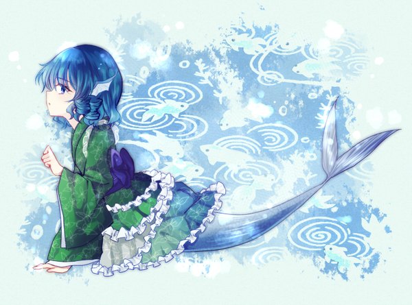 Anime picture 1400x1039 with touhou wakasagihime uranaishi (miraura) single blush short hair open mouth blue eyes simple background blue hair profile girl yukata mermaid