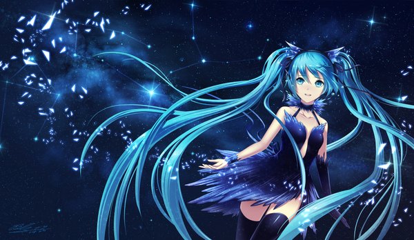 Anime picture 2000x1162 with vocaloid hatsune miku 1991 (blz) single highres wide image twintails bare shoulders very long hair aqua eyes aqua hair night zettai ryouiki girl thighhighs dress gloves black thighhighs elbow gloves star (stars)
