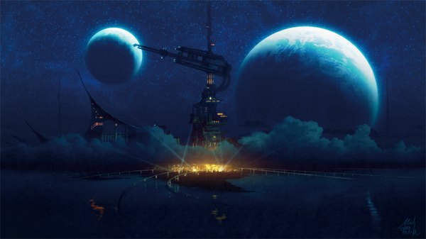 Anime picture 800x450 with original mocha (cotton) wide image signed sky cloud (clouds) night night sky no people fantasy scenic city lights sea building (buildings) planet island