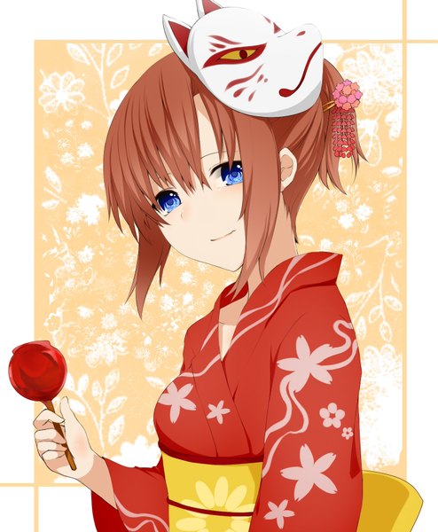 Anime picture 1400x1700 with higurashi no naku koro ni studio deen ryuuguu rena nemu (nebusokugimi) tall image short hair blue eyes smile brown hair japanese clothes mask on head girl belt kimono mask