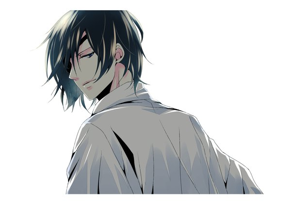 Anime picture 1000x704 with sengoku basara production i.g date masamune (sengoku basara) machida-machiko single looking at viewer fringe short hair black hair simple background hair between eyes white background upper body traditional clothes japanese clothes looking back from behind grey eyes letterboxed boy