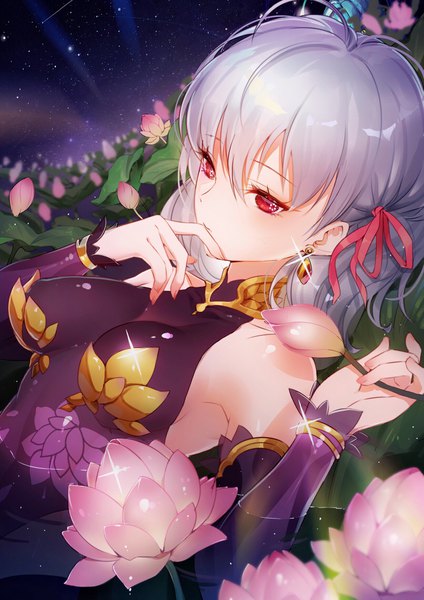 Anime picture 1653x2338 with fate (series) fate/grand order kama (fate) sai ichirou single tall image looking at viewer blush fringe short hair breasts light erotic hair between eyes red eyes bare shoulders silver hair outdoors lying night on back