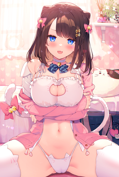 Anime picture 3628x5389 with original kat (bu-kunn) single long hair tall image looking at viewer blush fringe highres breasts open mouth blue eyes light erotic brown hair large breasts sitting absurdres cleavage indoors tail