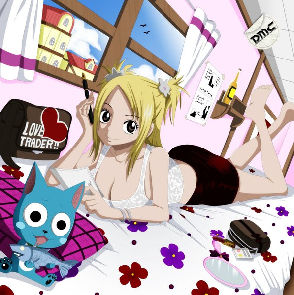 Anime picture 1591x1600 with fairy tail lucy heartfilia happy (fairy tail) dmc-br long hair tall image light erotic blonde hair smile brown eyes sky cloud (clouds) lying braid (braids) black eyes arm support twin braids coloring girl flower (flowers)