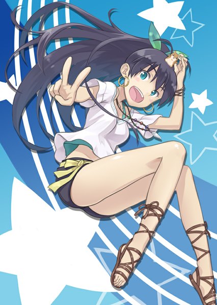 Anime picture 710x1000 with idolmaster ganaha hibiki hamuzou mofu single long hair tall image looking at viewer open mouth black hair ponytail teeth from below legs victory weightlessness casual animal on head girl bow