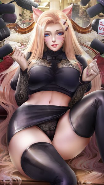 Anime-Bild 3080x5476 mit league of legends k/da (league of legends) ahri (league of legends) the baddest ahri turewindwalker single tall image looking at viewer blush fringe highres breasts open mouth blue eyes light erotic large breasts sitting signed animal ears pink hair