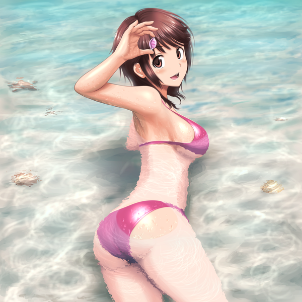 Anime picture 1200x1200 with amagami sakurai rihoko misoinu single blush short hair breasts open mouth light erotic brown hair brown eyes girl swimsuit bikini water