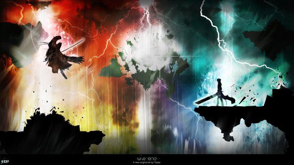 Anime picture 1920x1080 with final fantasy final fantasy vii square enix cloud strife sephiroth toyboj highres wide image inscription magic light landscape scenic silhouette lightning boy weapon wings cloak huge weapon