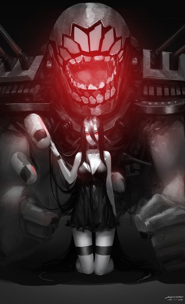 Anime picture 1200x1970 with kantai collection battleship-symbiotic hime kinven single long hair tall image looking at viewer breasts black hair smile hair between eyes signed cleavage nail polish horn (horns) fingernails kneeling saliva oni horns shinkaisei-kan