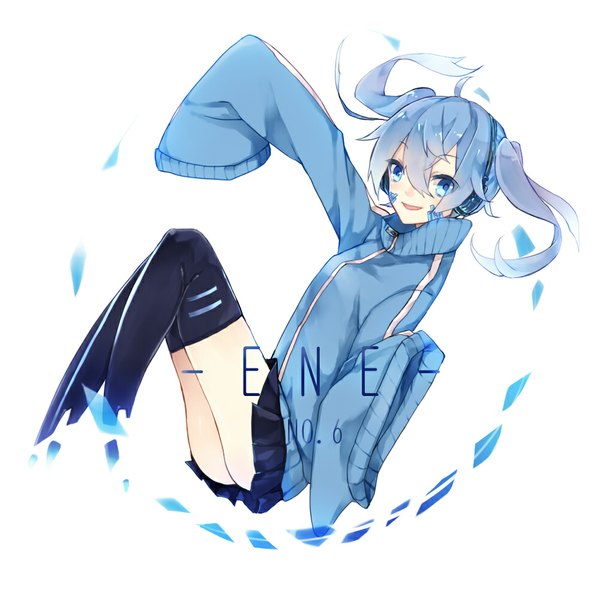 Anime picture 1000x1000 with kagerou project shaft (studio) ene (kagerou project) sakofu single long hair looking at viewer blush open mouth blue eyes simple background smile white background twintails blue hair ahoge long sleeves character names girl thighhighs
