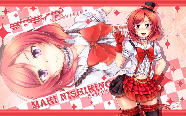 Anime picture 1920x1200 with love live! school idol project sunrise (studio) love live! nishikino maki windart single looking at viewer blush highres short hair open mouth purple eyes red hair girl thighhighs dress gloves black thighhighs hat frills