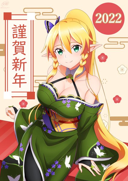 Anime picture 1654x2339 with sword art online a-1 pictures leafa ken-ji single long hair tall image fringe breasts light erotic blonde hair smile hair between eyes large breasts green eyes cleavage ponytail braid (braids) traditional clothes japanese clothes