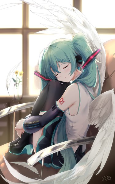 Anime picture 1275x2039 with vocaloid hatsune miku asahi kuroi single tall image blush fringe breasts open mouth hair between eyes sitting twintails signed full body indoors eyes closed very long hair pleated skirt aqua hair tattoo