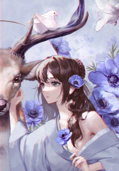 Anime picture 1657x2385 with original sub chon9 single long hair tall image fringe holding looking away upper body braid (braids) traditional clothes parted lips japanese clothes arm up hair flower off shoulder wide sleeves hair bun (hair buns) tears braided bun