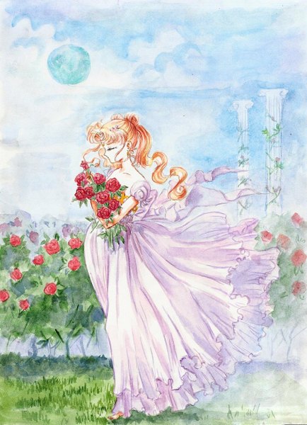 Anime picture 900x1243 with bishoujo senshi sailor moon toei animation princess serenity tyutya (artist) single long hair tall image blonde hair standing twintails holding sky eyes closed profile hair bun (hair buns) nature girl dress flower (flowers) plant (plants)