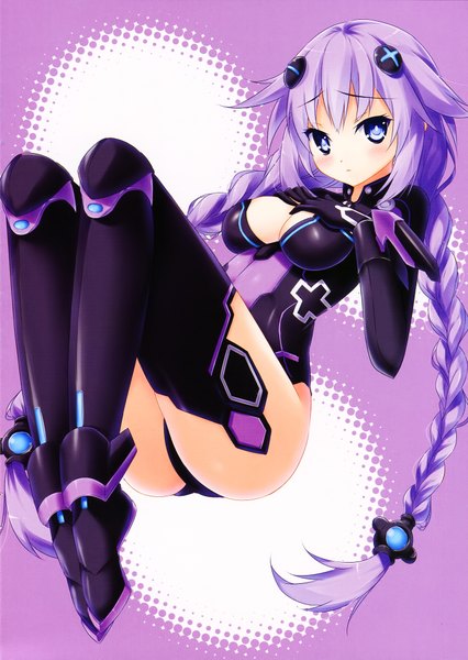 Anime picture 1428x2009 with choujigen game neptune purple heart kaho okashii single long hair tall image breasts blue eyes light erotic purple hair braid (braids) scan girl thighhighs hair ornament bodysuit