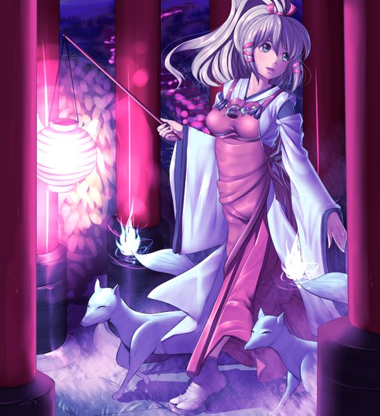 Anime picture 1279x1399 with inari konkon koi iroha production ims ukanomitama no kami harihisa single long hair tall image blue eyes looking away silver hair ponytail traditional clothes japanese clothes girl dress animal lantern flame torii fox