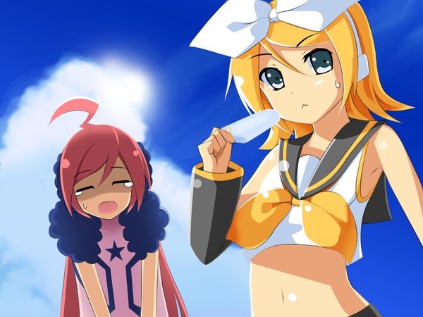 Anime picture 2000x1500 with vocaloid kagamine rin miki (vocaloid) yakitori-oni long hair highres short hair blue eyes blonde hair multiple girls pink hair cloud (clouds) ahoge eyes closed girl navel bow 2 girls hair bow detached sleeves