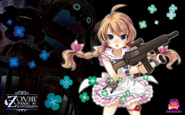 Anime picture 1500x938 with zombie panic in wonderland long hair open mouth blonde hair wide image ahoge braid (braids) girl dress weapon animal gun mecha