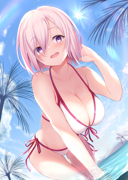 Anime picture 1036x1450 with fate (series) fate/grand order mash kyrielight mash kyrielight (swimsuit of perpetual summer) maosame single tall image looking at viewer blush fringe short hair breasts open mouth light erotic smile hair between eyes large breasts standing purple eyes bare shoulders