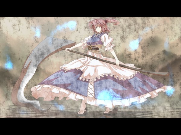 Anime picture 1600x1200 with touhou onozuka komachi tro highres twintails pink hair pink eyes girl dress skirt weapon scythe
