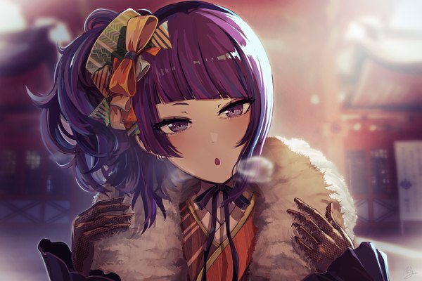 Anime-Bild 1200x800 mit idolmaster idolmaster shiny colors tanaka mamimi minyom single looking at viewer blush fringe short hair open mouth purple eyes purple hair upper body outdoors traditional clothes parted lips head tilt japanese clothes multicolored hair sunlight