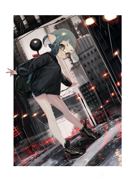 Anime picture 1430x2000 with splatoon nintendo inkling yu-ri single tall image looking at viewer short hair standing full body outdoors aqua hair bare legs grey eyes leaning leaning forward city rain casual tentacle hair