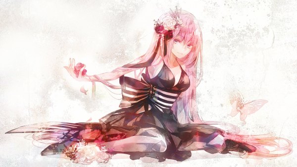 Anime picture 1200x675 with vocaloid megurine luka n hito blue eyes simple background wide image white background sitting pink hair very long hair hair flower high heels wallpaper outstretched arm girl dress hair ornament rose (roses) insect butterfly