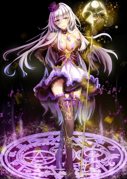 Anime picture 2480x3507 with original roy (pixiv12676578) single tall image looking at viewer blush fringe highres breasts light erotic hair between eyes large breasts standing purple eyes cleavage silver hair very long hair parted lips light smile mole