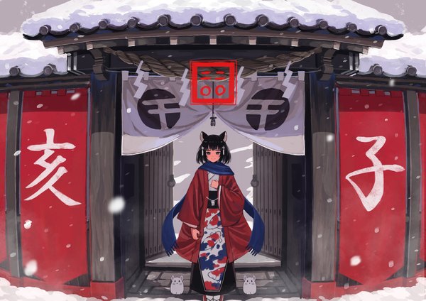 Anime-Bild 4093x2894 mit original kaneni single looking at viewer highres short hair black hair smile standing animal ears absurdres traditional clothes japanese clothes snowing winter snow new year 2020 mouse ears girl