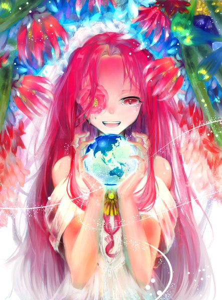 Anime picture 1573x2128 with original 02miyama07 single long hair tall image open mouth bare shoulders holding looking away pink hair pink eyes tears crying girl dress flower (flowers) plant (plants) planet earth