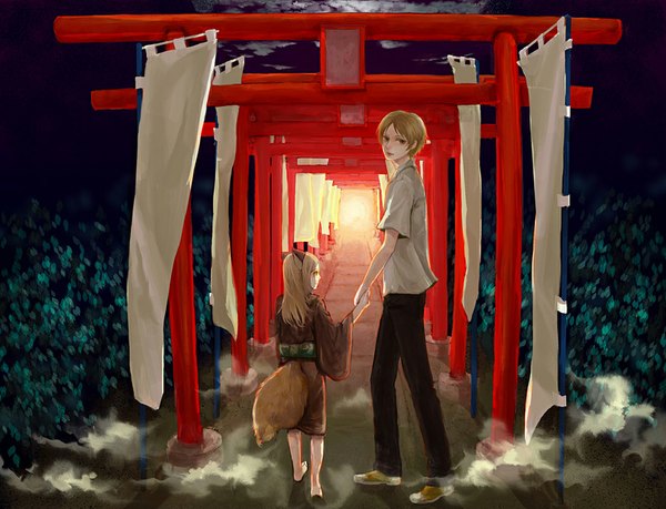 Anime picture 1024x785 with natsume yuujinchou brains base (studio) natsume takashi kogitsune kaihirow (artist) animal ears tail japanese clothes looking back barefoot from behind night night sky fox ears back holding hands fox tail light boy uniform