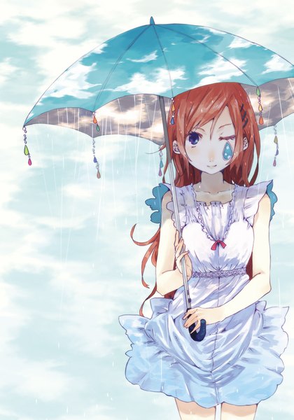 Anime picture 750x1070 with original hrd single long hair tall image looking at viewer blush smile brown hair purple eyes sky cloud (clouds) one eye closed wink rain sky print girl dress white dress umbrella
