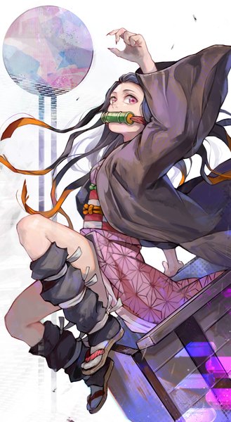 Anime picture 2027x3686 with kimetsu no yaiba ufotable kamado nezuko kyuuba melo single long hair tall image looking at viewer highres black hair simple background white background holding full body bent knee (knees) traditional clothes japanese clothes pink eyes multicolored hair wide sleeves