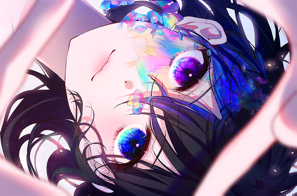 Anime picture 3155x2082 with original 58 (opal 00 58) single looking at viewer blush fringe highres short hair blue eyes black hair hair between eyes purple eyes absurdres blurry dutch angle heterochromia facial mark close-up face upside down