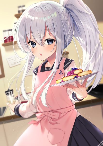 Anime picture 2315x3274 with kantai collection hibiki destroyer haiba 09 single long hair tall image looking at viewer blush fringe highres open mouth blue eyes hair between eyes holding payot silver hair ponytail indoors long sleeves pleated skirt