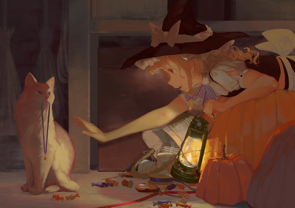 Anime picture 1600x1131 with touhou kirisame marisa jq single long hair open mouth blonde hair holding yellow eyes upper body indoors lying braid (braids) profile short sleeves puffy sleeves outstretched arm wavy hair side braid halloween